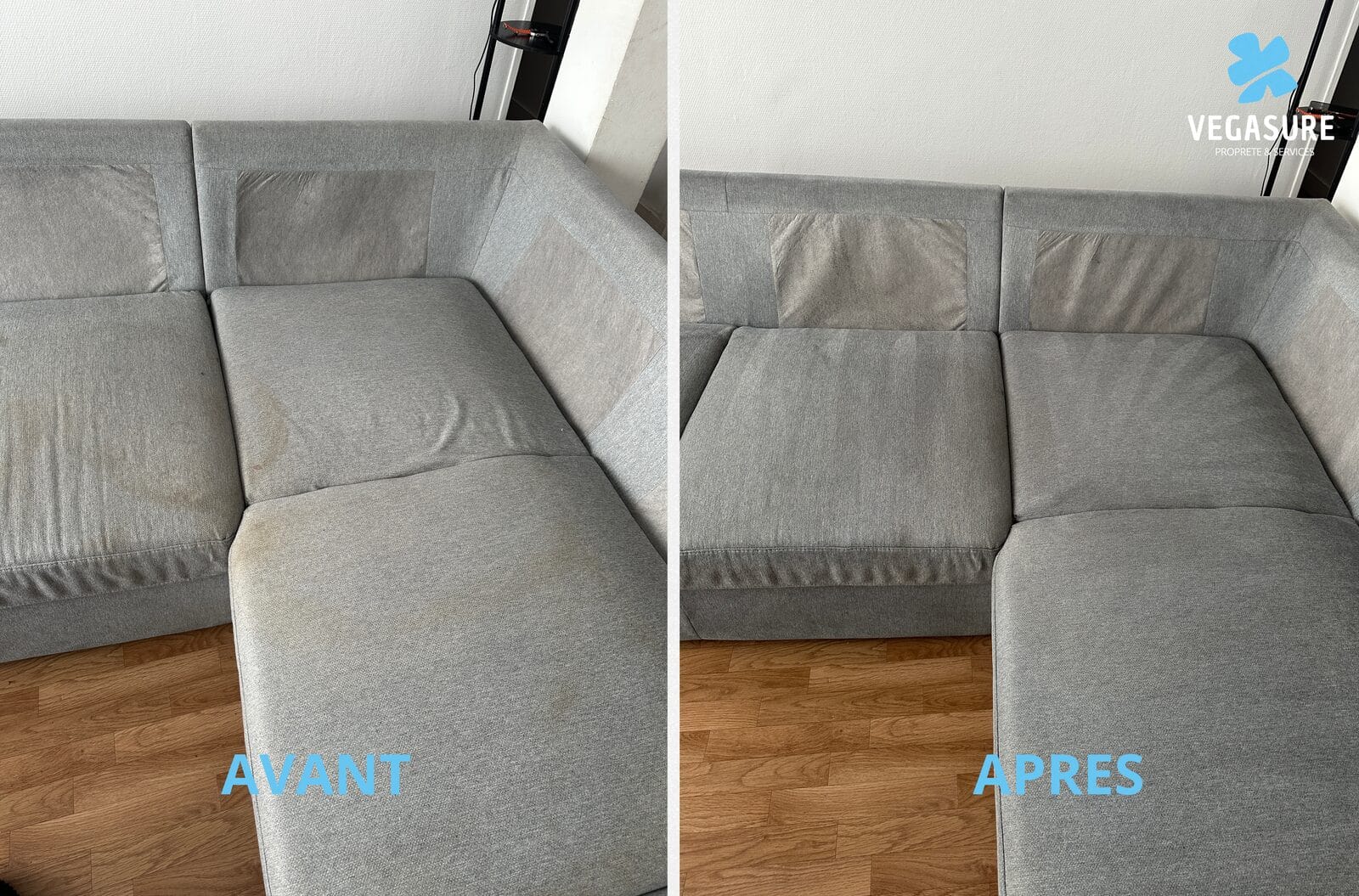 Canapé d'angle en tissu gris avant et après nettoyage par Vegasure : taches jaunes disparues