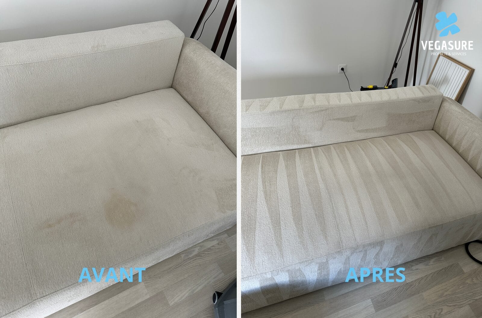 Canapé écru avec auréoles avant nettoyage et fibres nettoyées après passage Vegasure