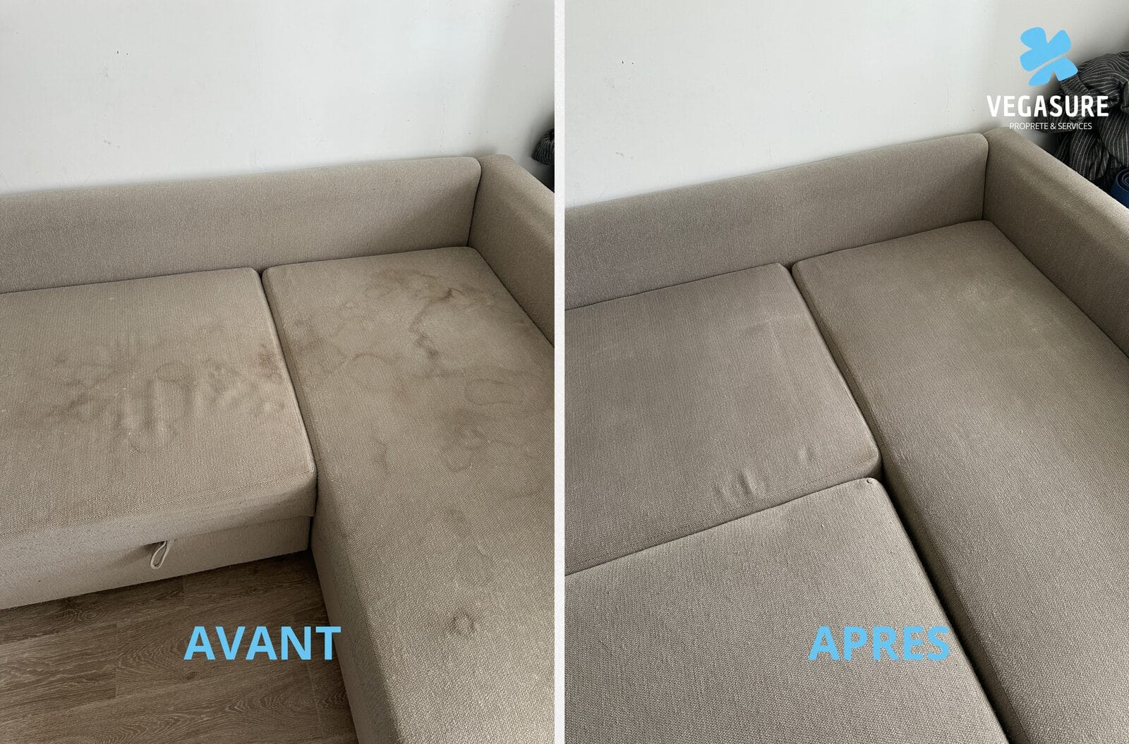 Canapé d'angle beige marqué de taches avant nettoyage et uniforme après nettoyage