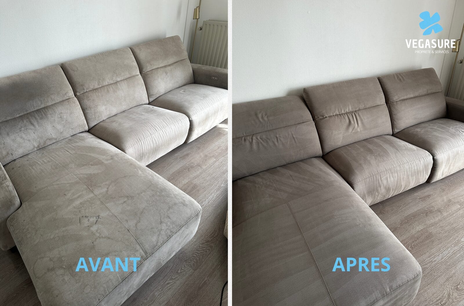 Canapé en microfibre taupe avant et après nettoyage en profondeur Vegasure