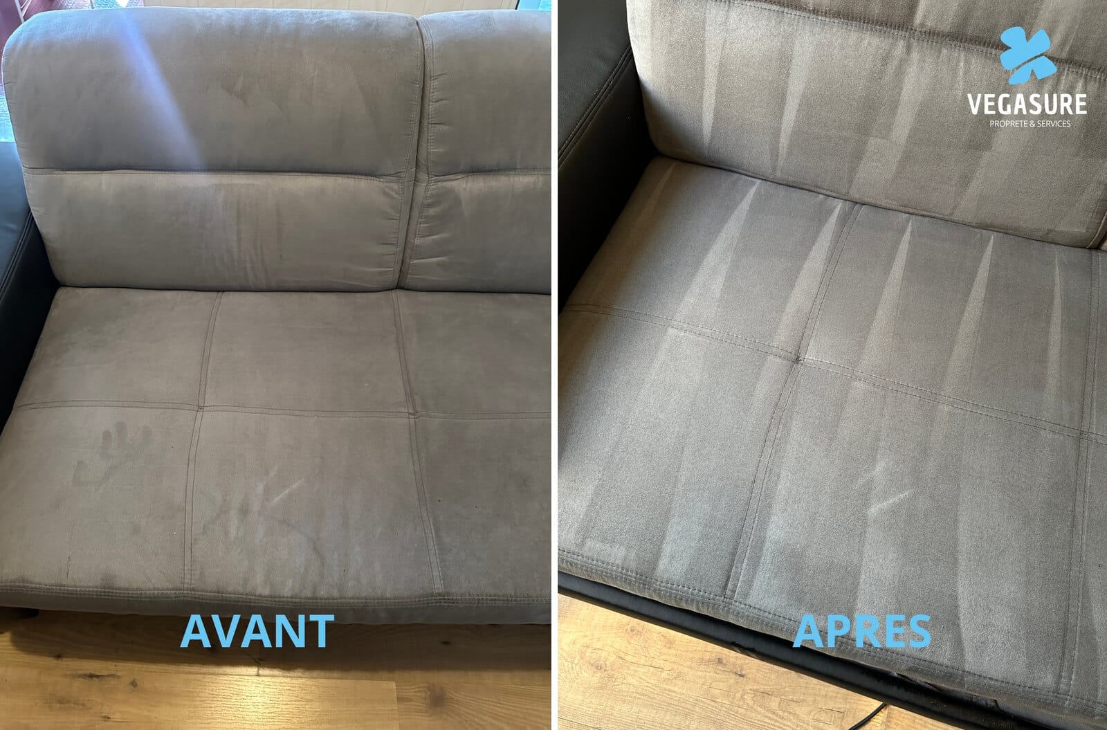Canapé convertible gris en microfibre marqué de traces avant nettoyage, assise nette après