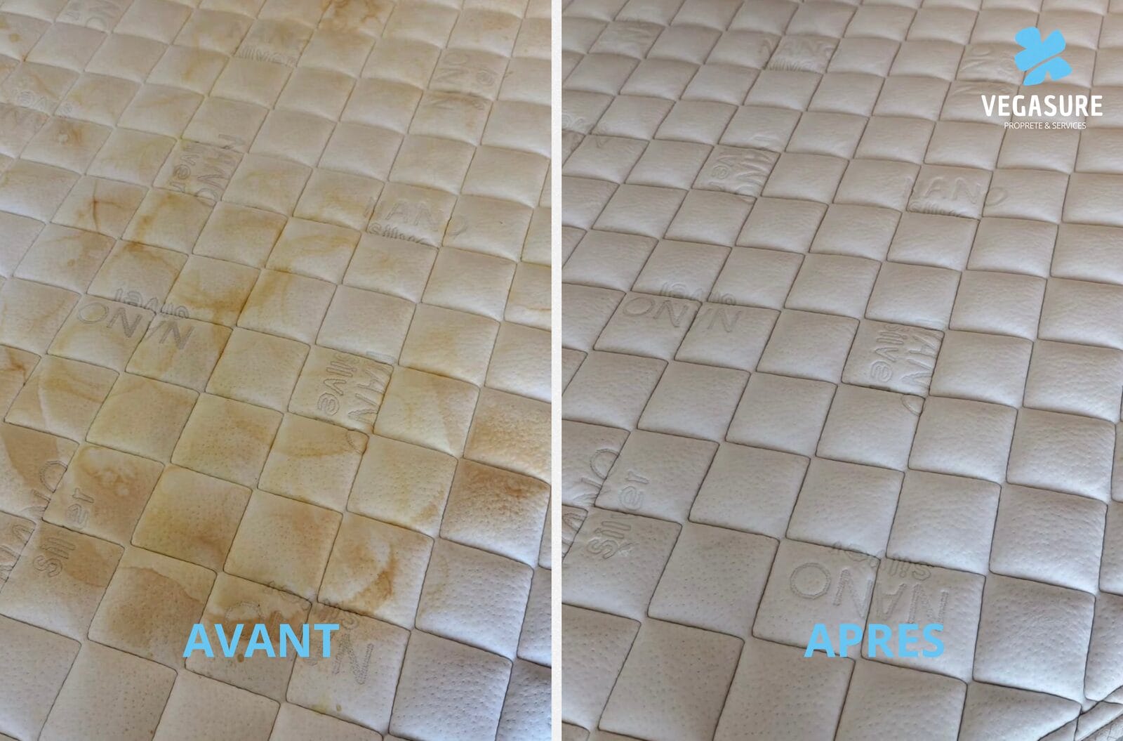 Matelas taché de jaune avant nettoyage et redevenu blanc après traitement Vegasure