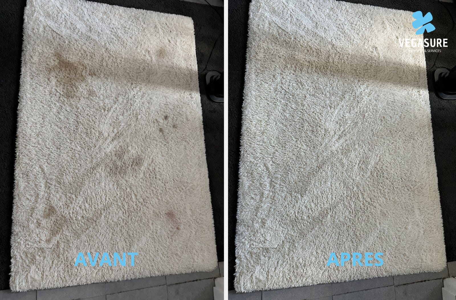 Tapis shaggy blanc taché avant nettoyage, fibres blanches et uniformes après nettoyage Vegasure