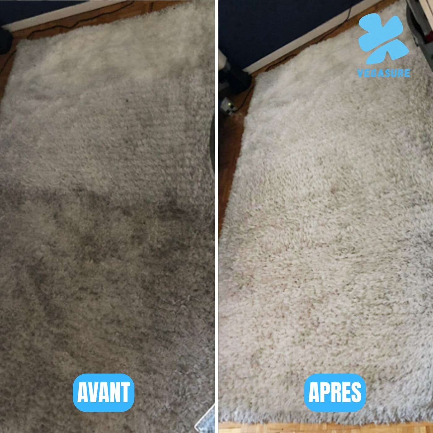 Tapis shaggy gris avec traces de passage avant nettoyage, fibres relevées et claires après
