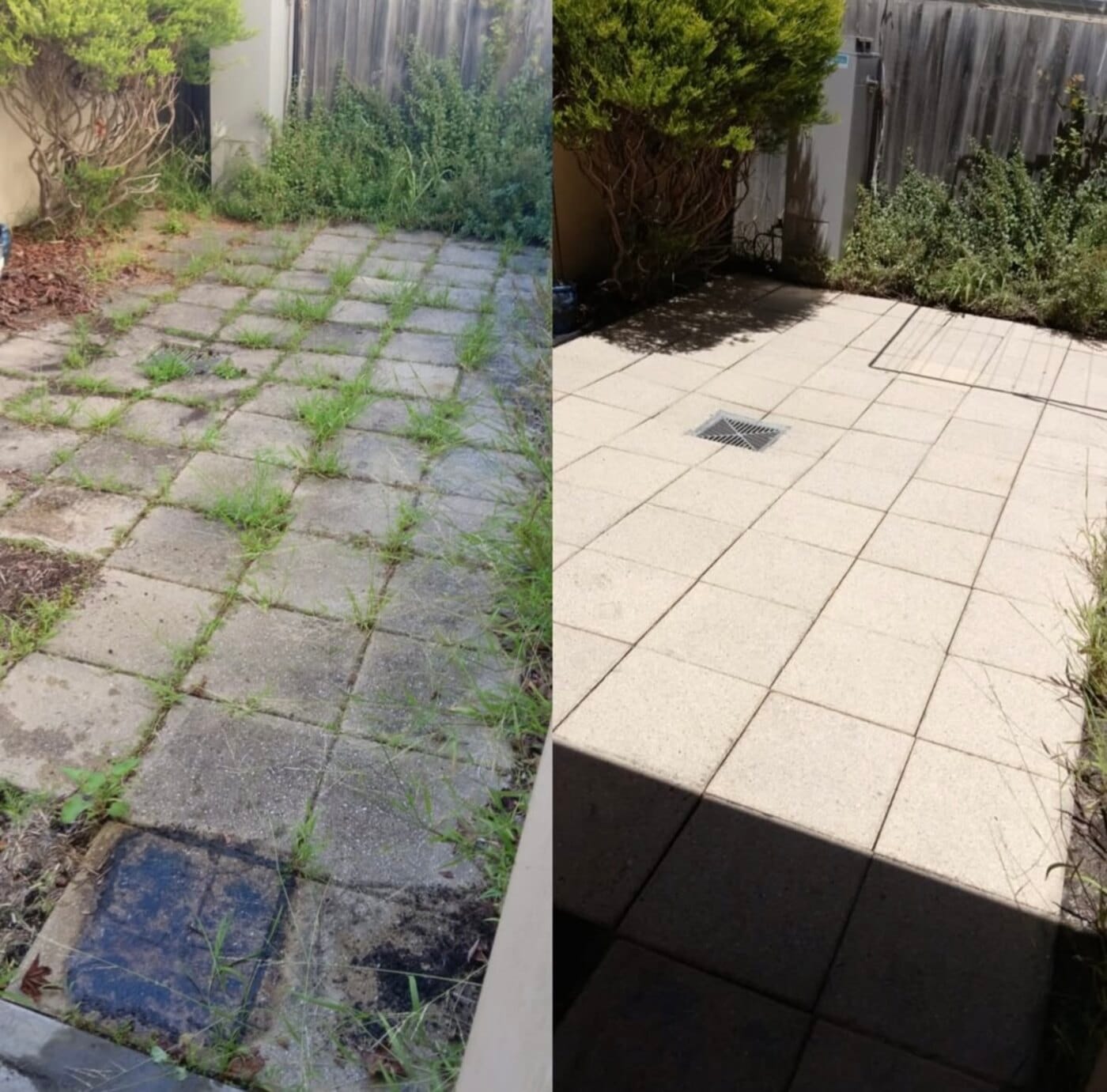 Dalles de terrasse envahies de mousse et d'herbes avant nettoyage, dalles claires et dégagées après
