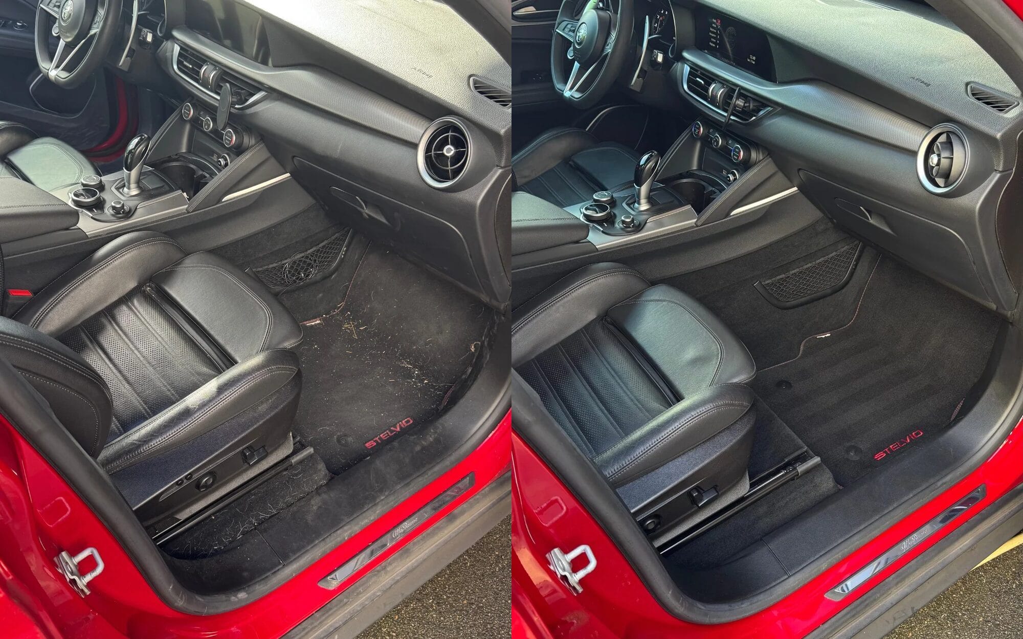 Intérieur de voiture sale avant nettoyage et habitacle propre après nettoyage à domicile Vegasure