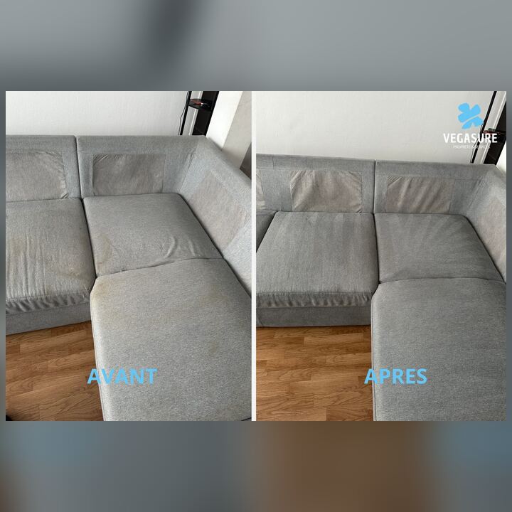 Canapé d'angle gris clair taché avant nettoyage, propre après nettoyage Vegasure