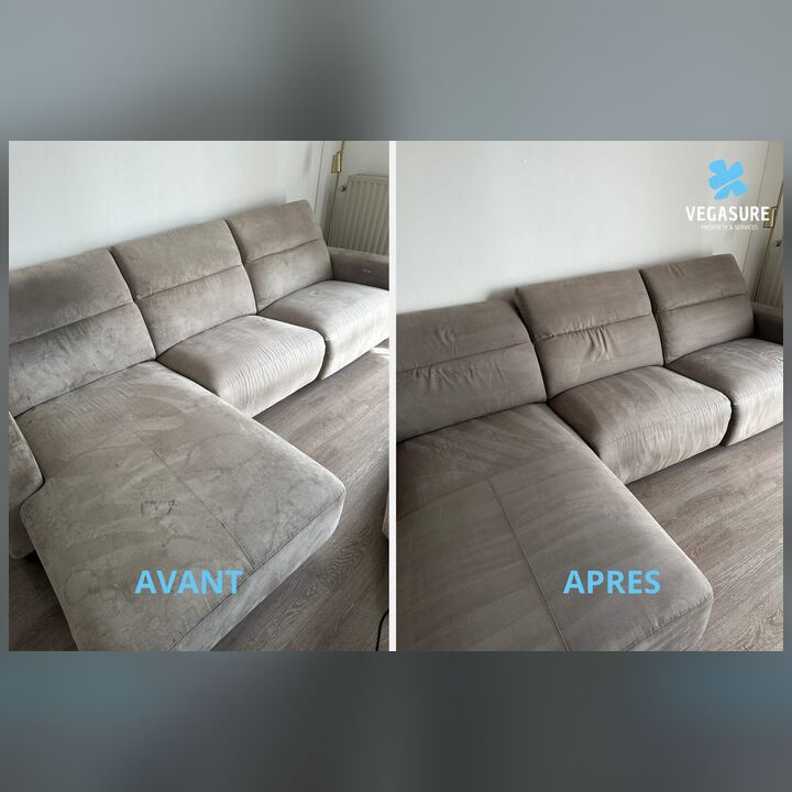 Canapé en microfibre taupe avant et après nettoyage en profondeur Vegasure