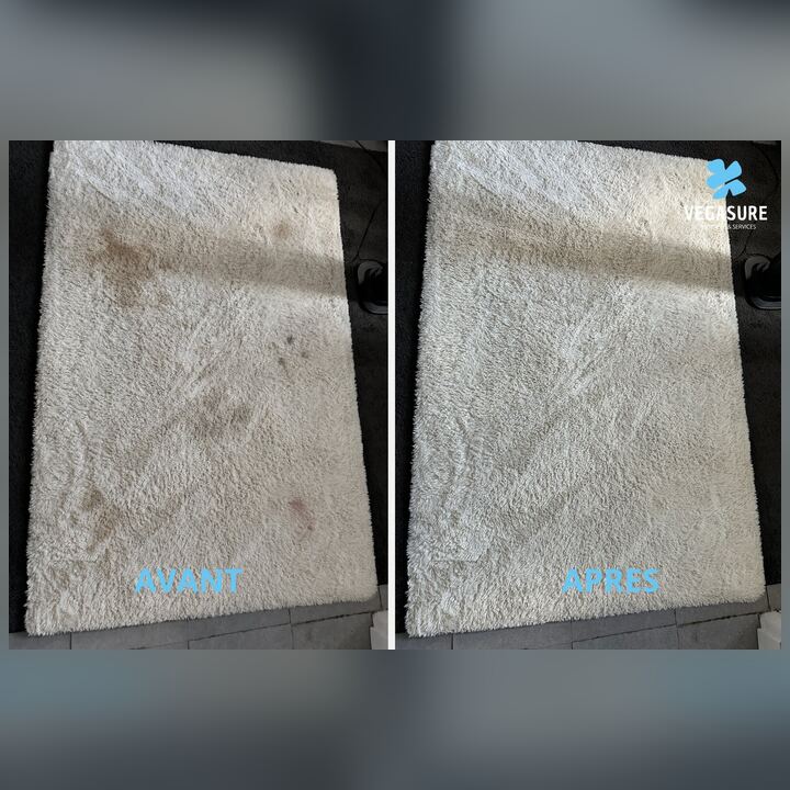 Tapis shaggy blanc taché avant nettoyage, fibres blanches et uniformes après nettoyage Vegasure