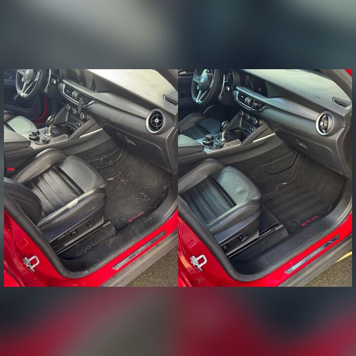 Plancher et moquette de voiture très encrassés avant nettoyage, intérieur propre après passage Vegasure