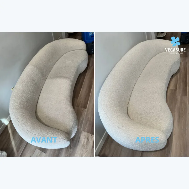 Fauteuil arrondi clair — comparaison avant/après.
