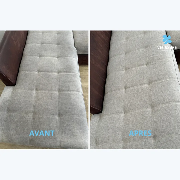 Assise capitonnée grise — avant et après nettoyage.