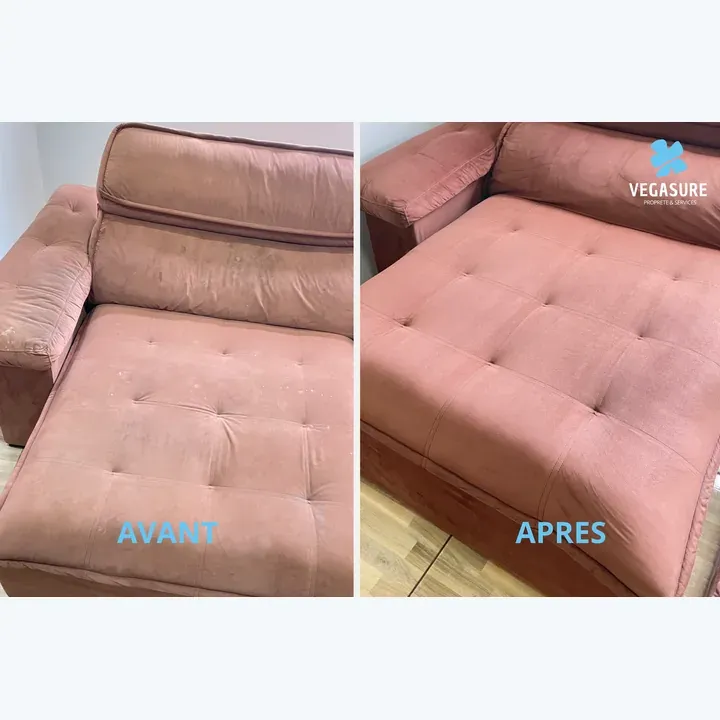 Canapé rose capitonné — comparaison avant/après des assises.