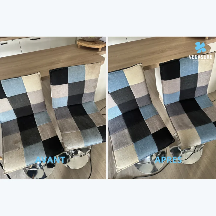 Chaises à motifs — avant et après nettoyage des assises.