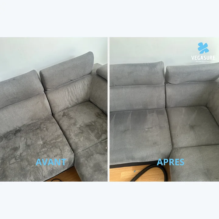 Canapé gris — comparaison des assises avant/après.