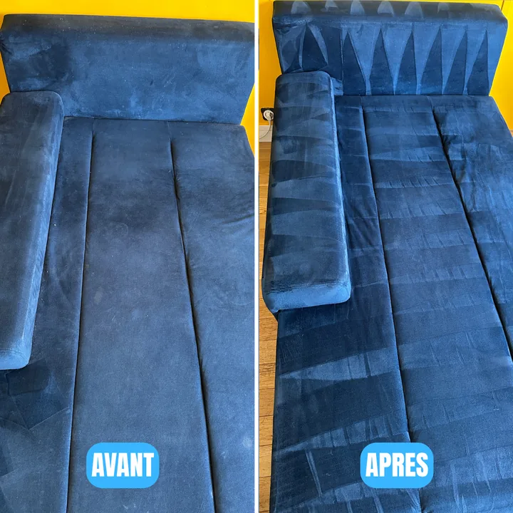 Canapé bleu — comparaison avant/après des assises.