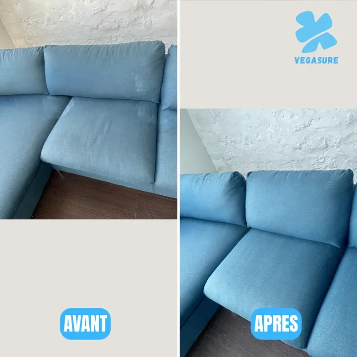 Fauteuil bleu clair — avant et après intervention.