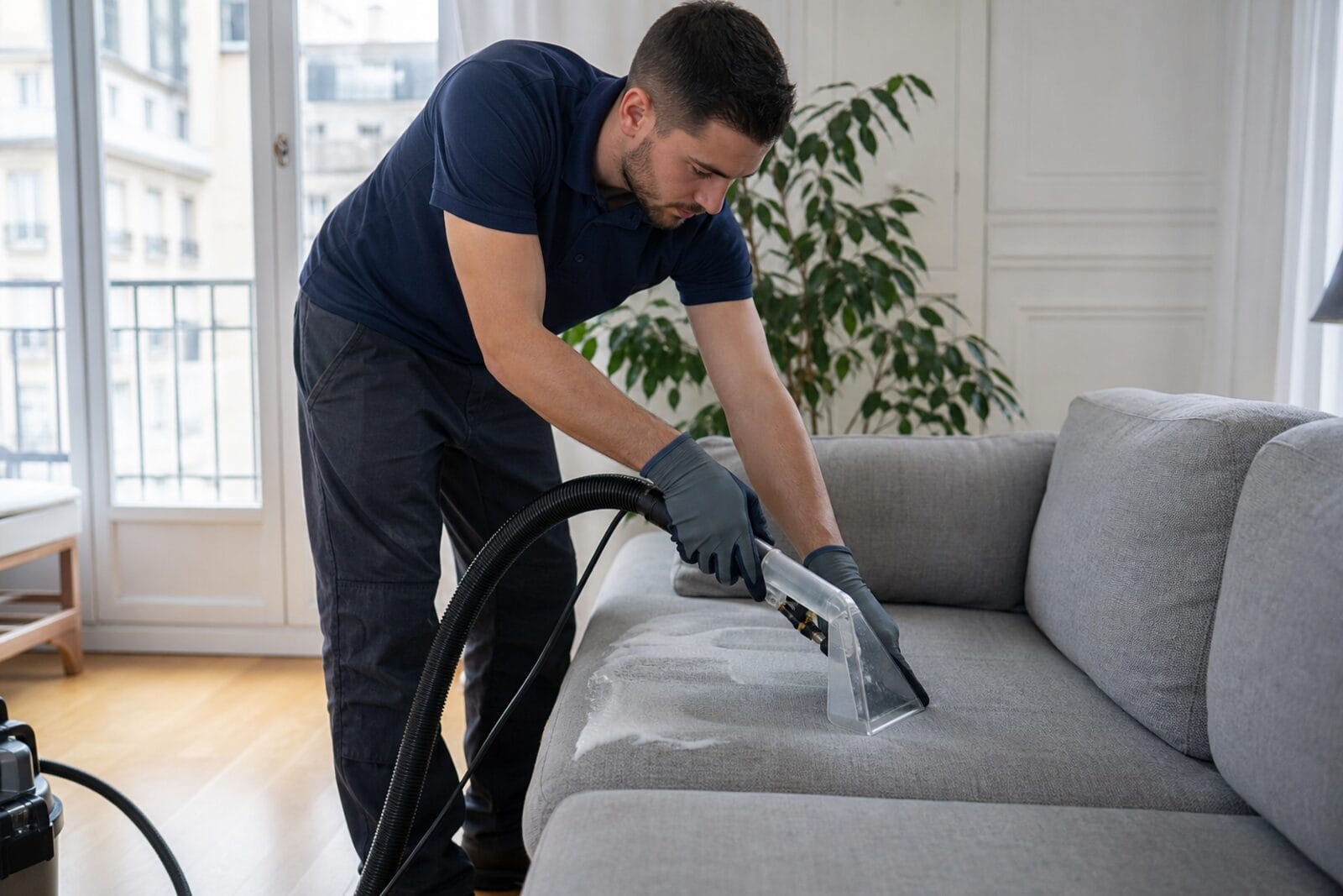 Illustration : nettoyage d’une assise de canapé gris avec un embout d’extraction