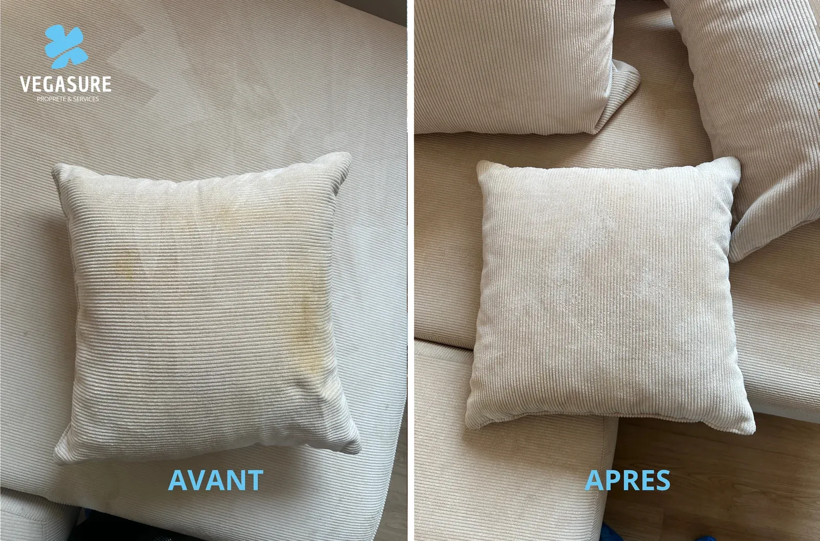Coussin clair — avant et après nettoyage.