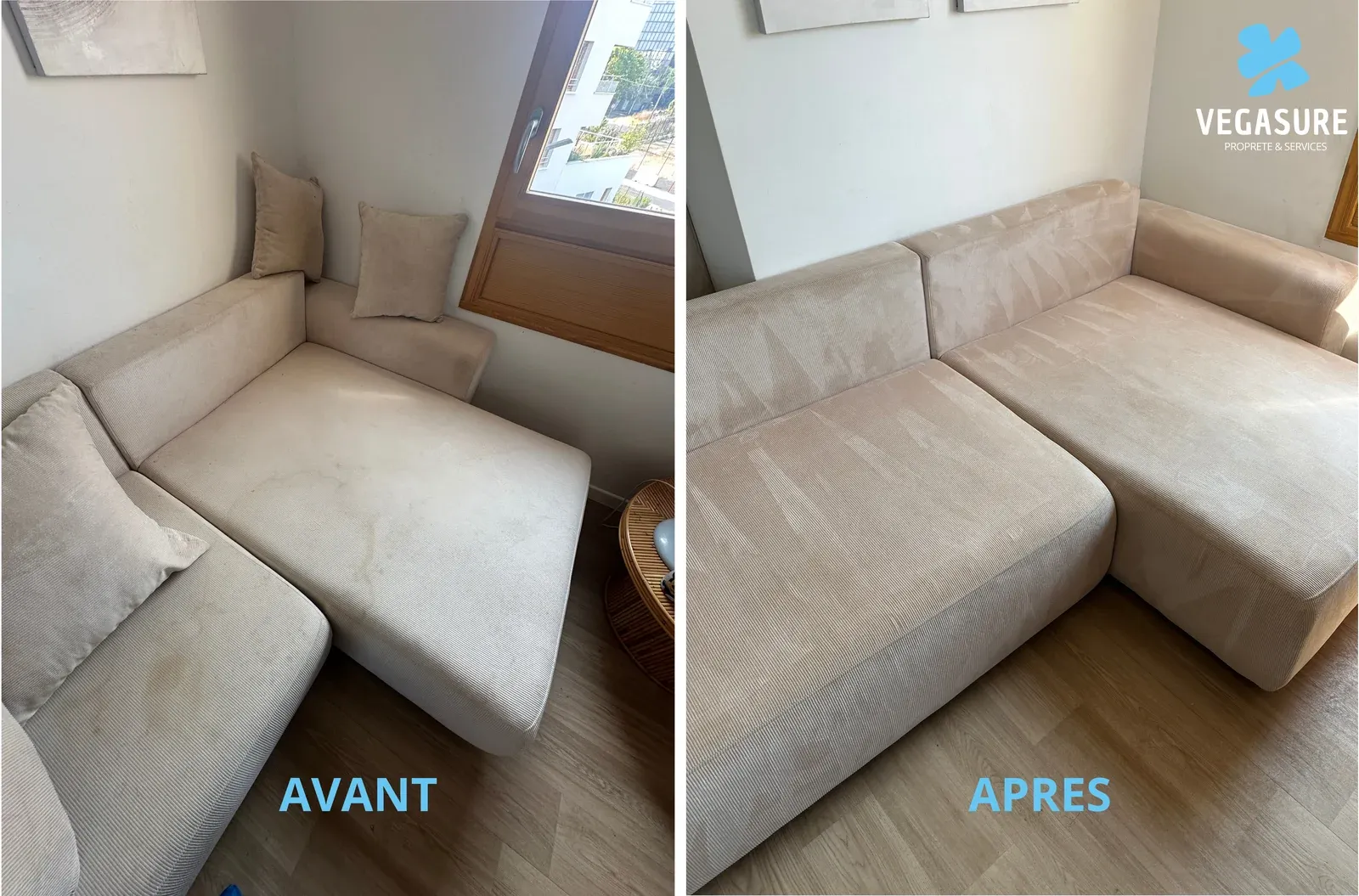Canapé beige avec méridienne — avant et après intervention.