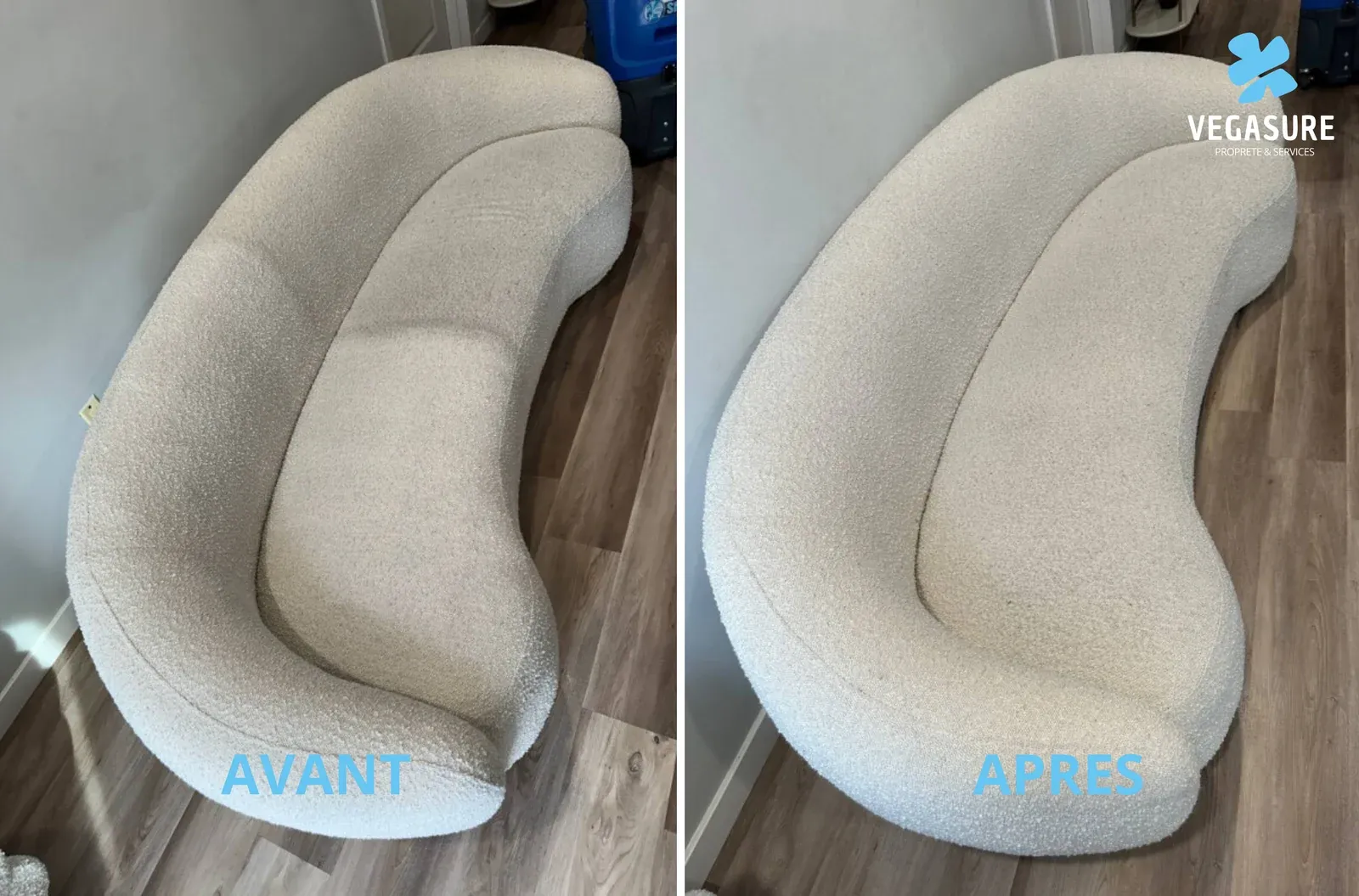 Fauteuil arrondi clair — comparaison avant/après.