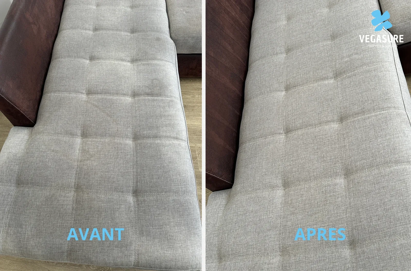 Assise capitonnée grise — avant et après nettoyage.