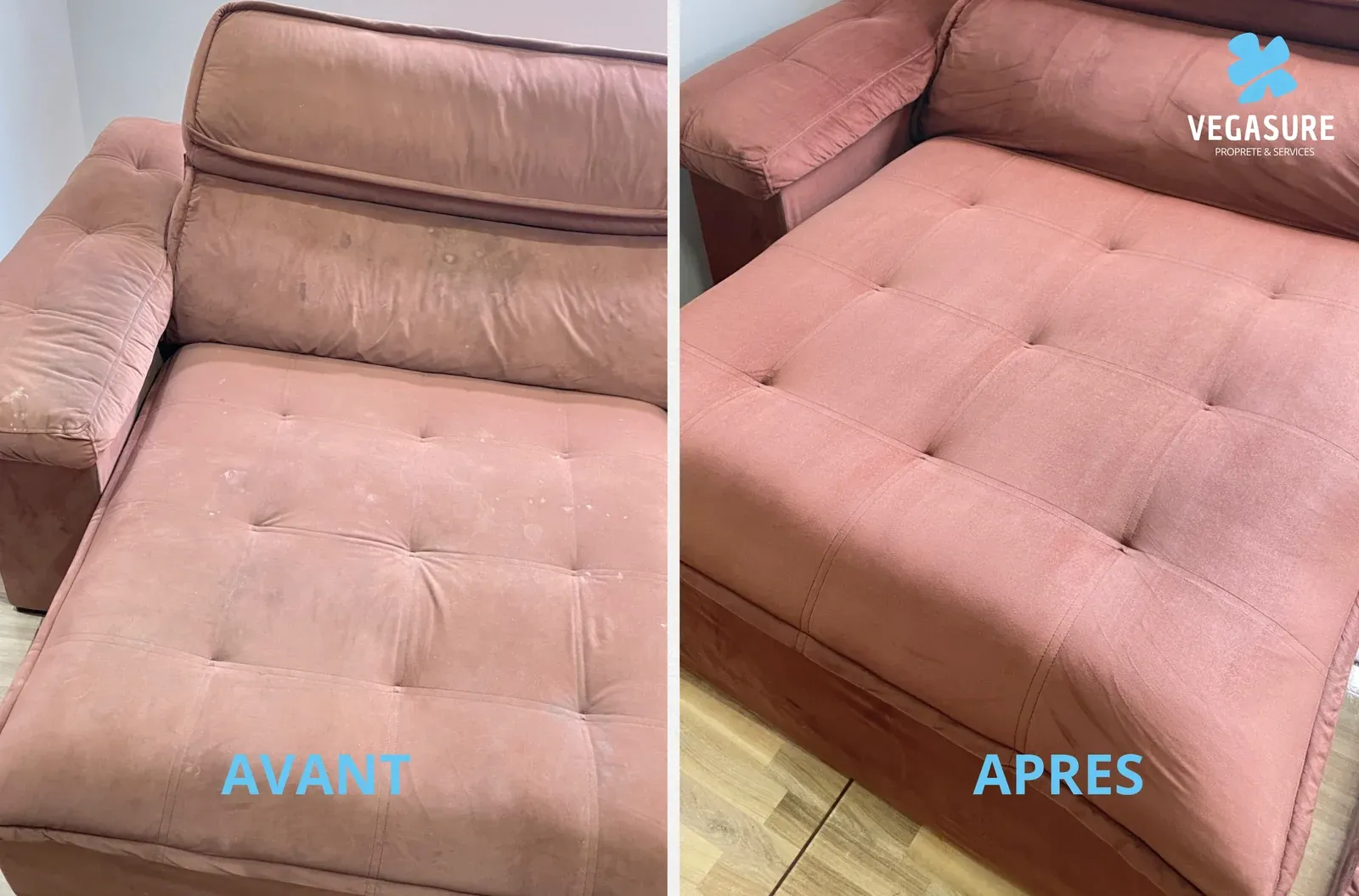 Canapé rose capitonné — comparaison avant/après des assises.
