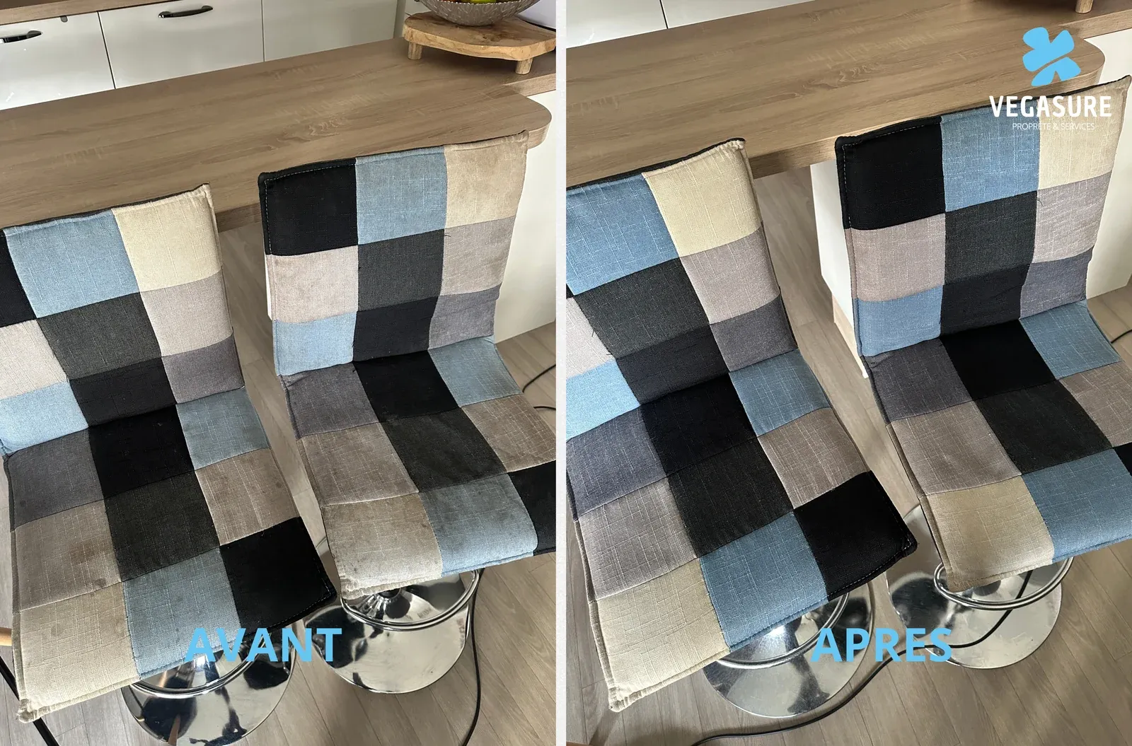 Chaises à motifs — avant et après nettoyage des assises.