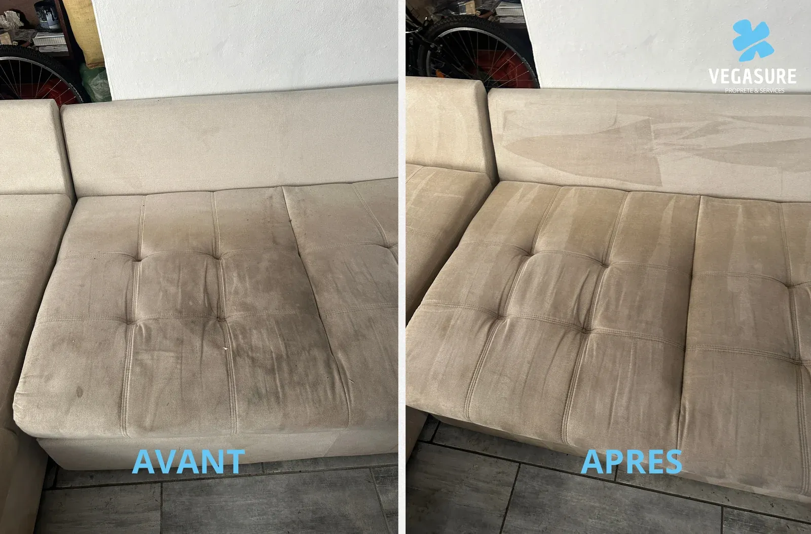 Canapé beige capitonné — comparaison avant/après.