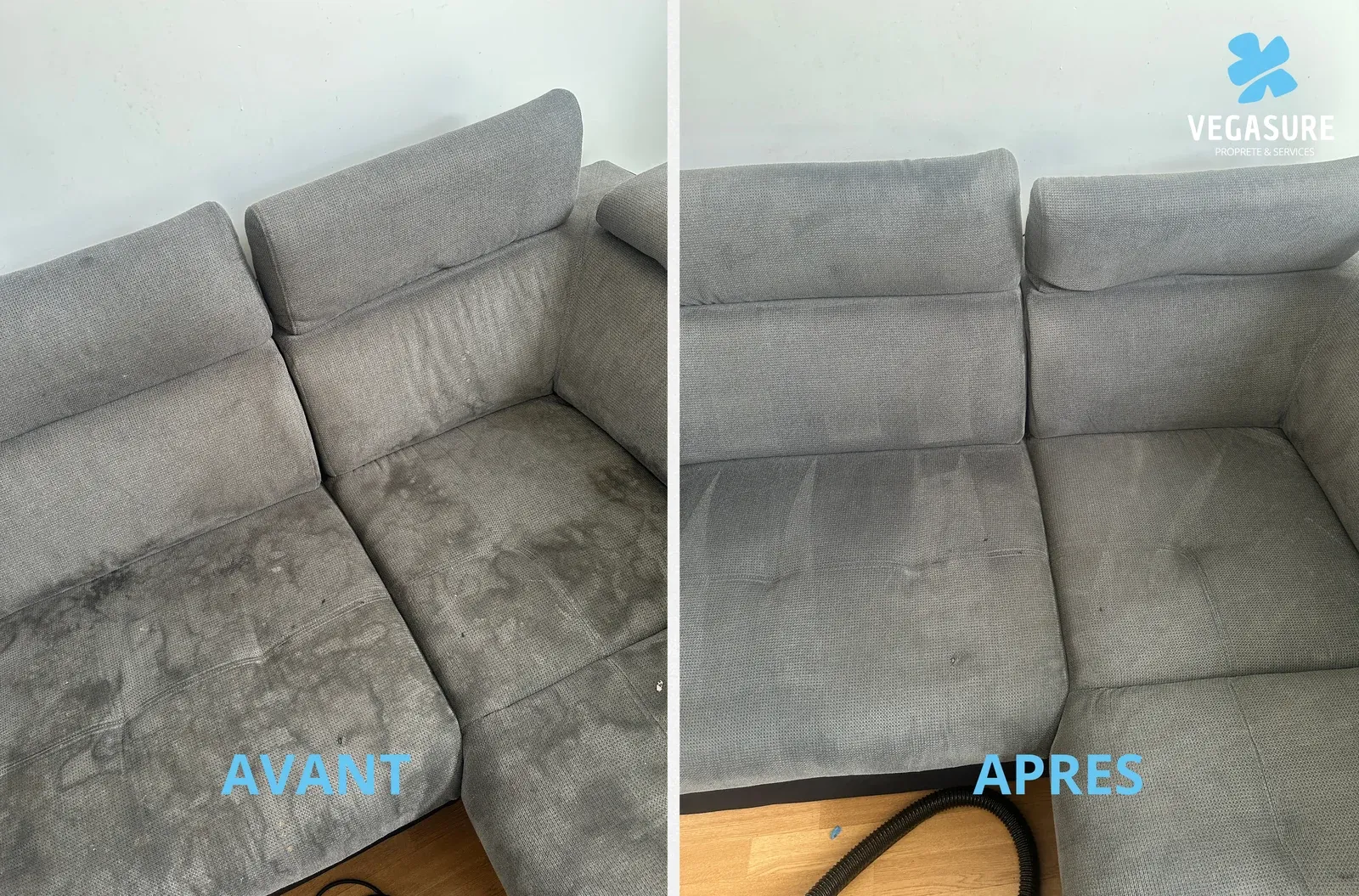 Canapé gris — comparaison des assises avant/après.
