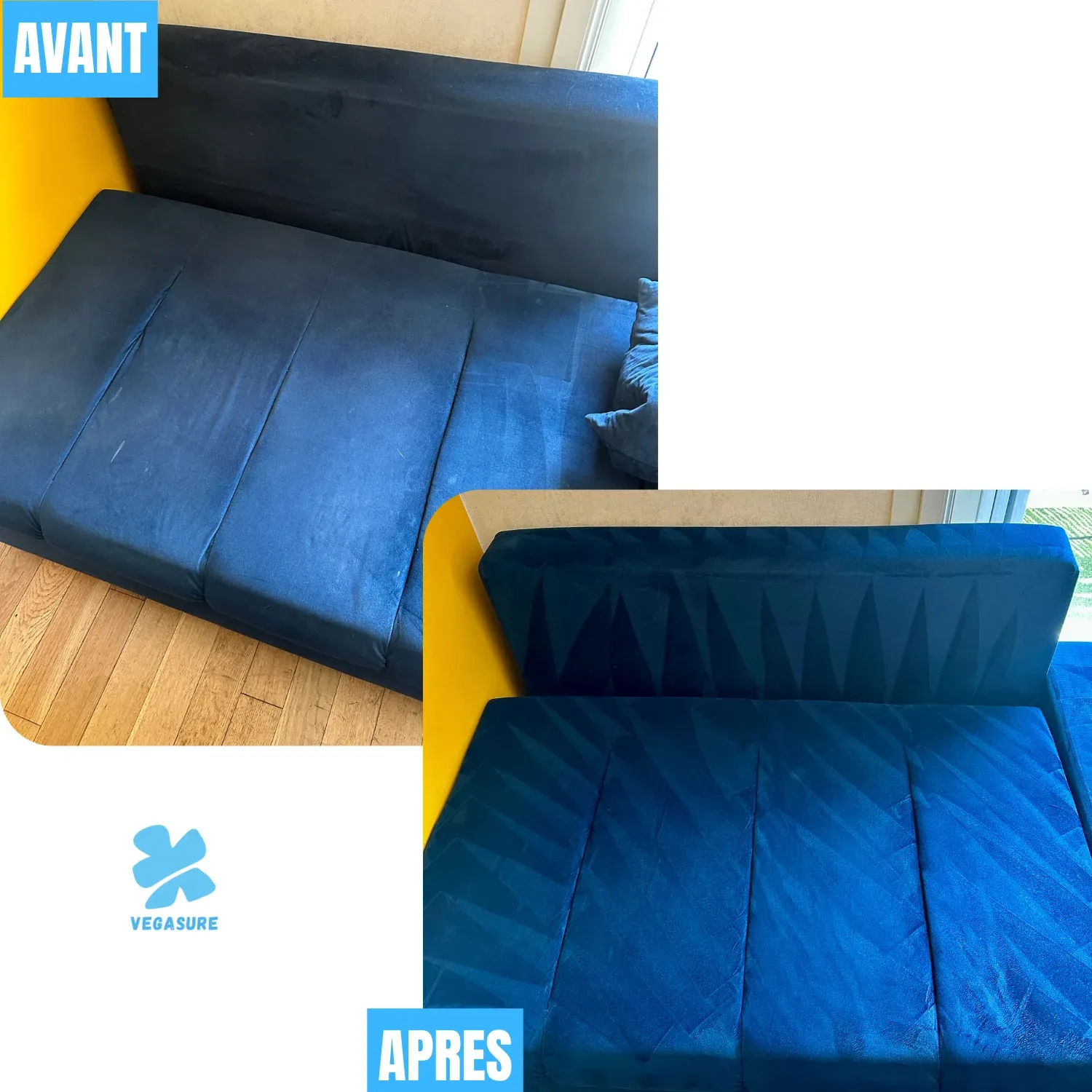 Fauteuil bleu — avant et après nettoyage.