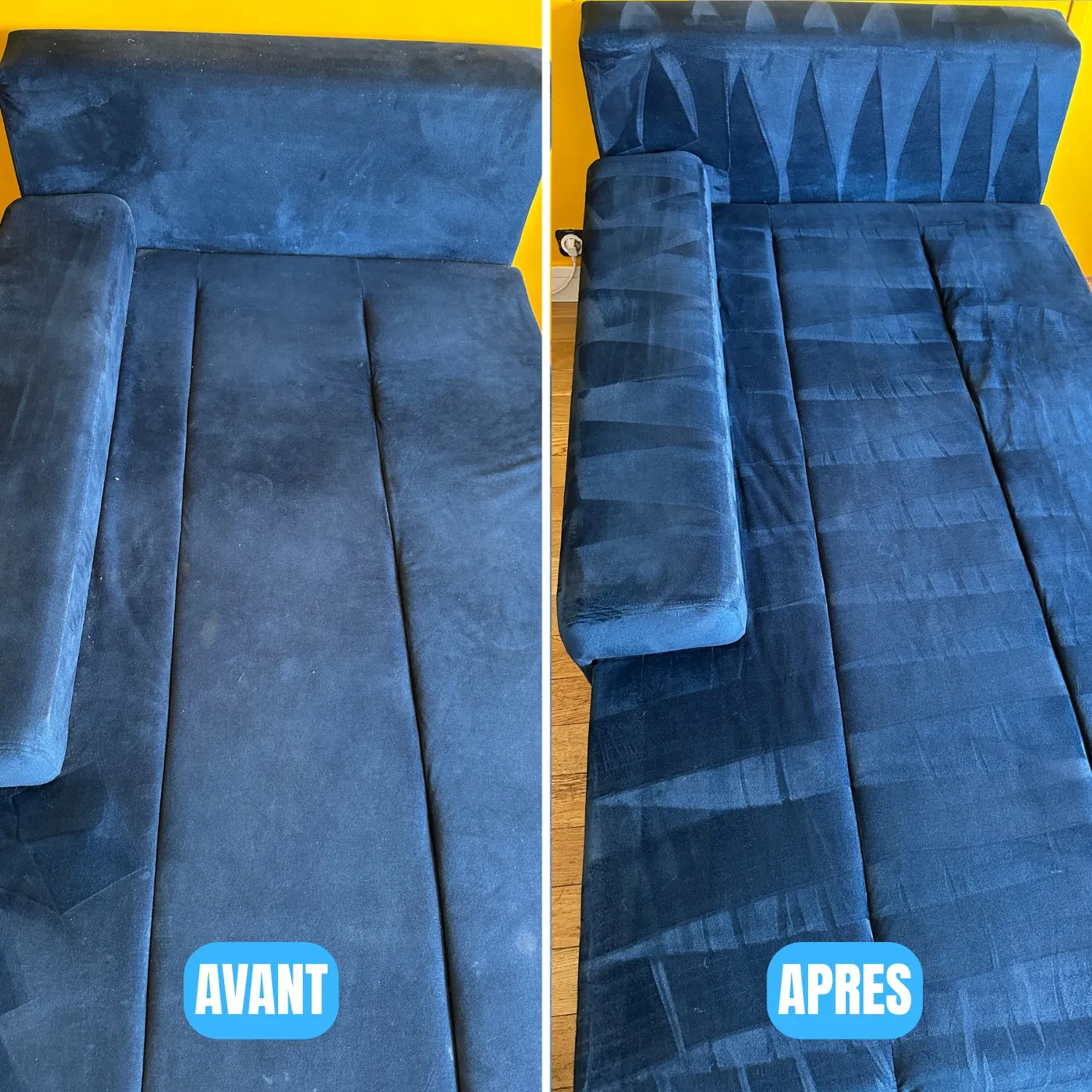 Canapé bleu — comparaison avant/après des assises.