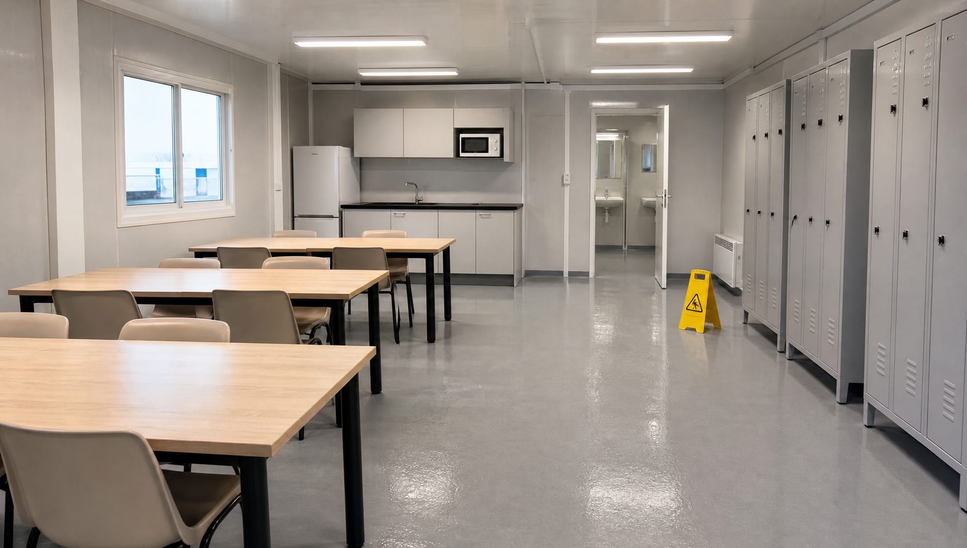 Réfectoire et vestiaires d'une base vie de chantier nettoyés, tables alignées et sol lavé