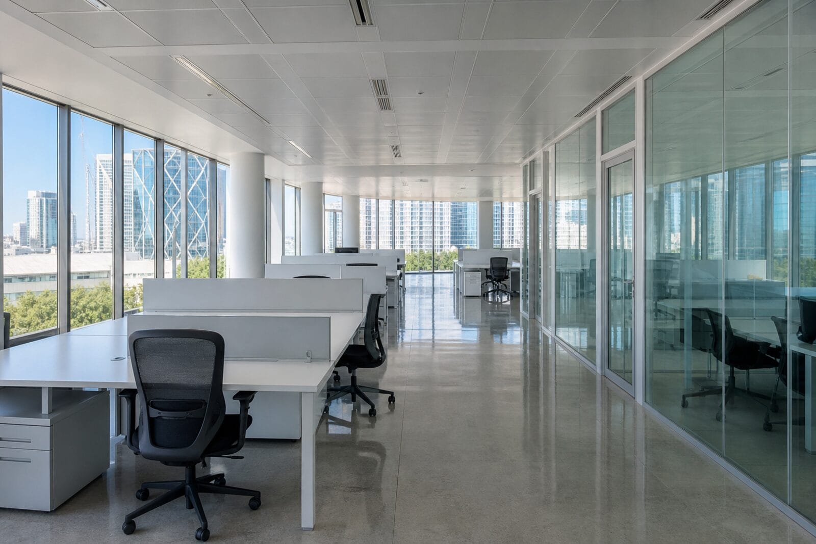 Open space moderne parfaitement propre après le passage d'une équipe de nettoyage professionnel