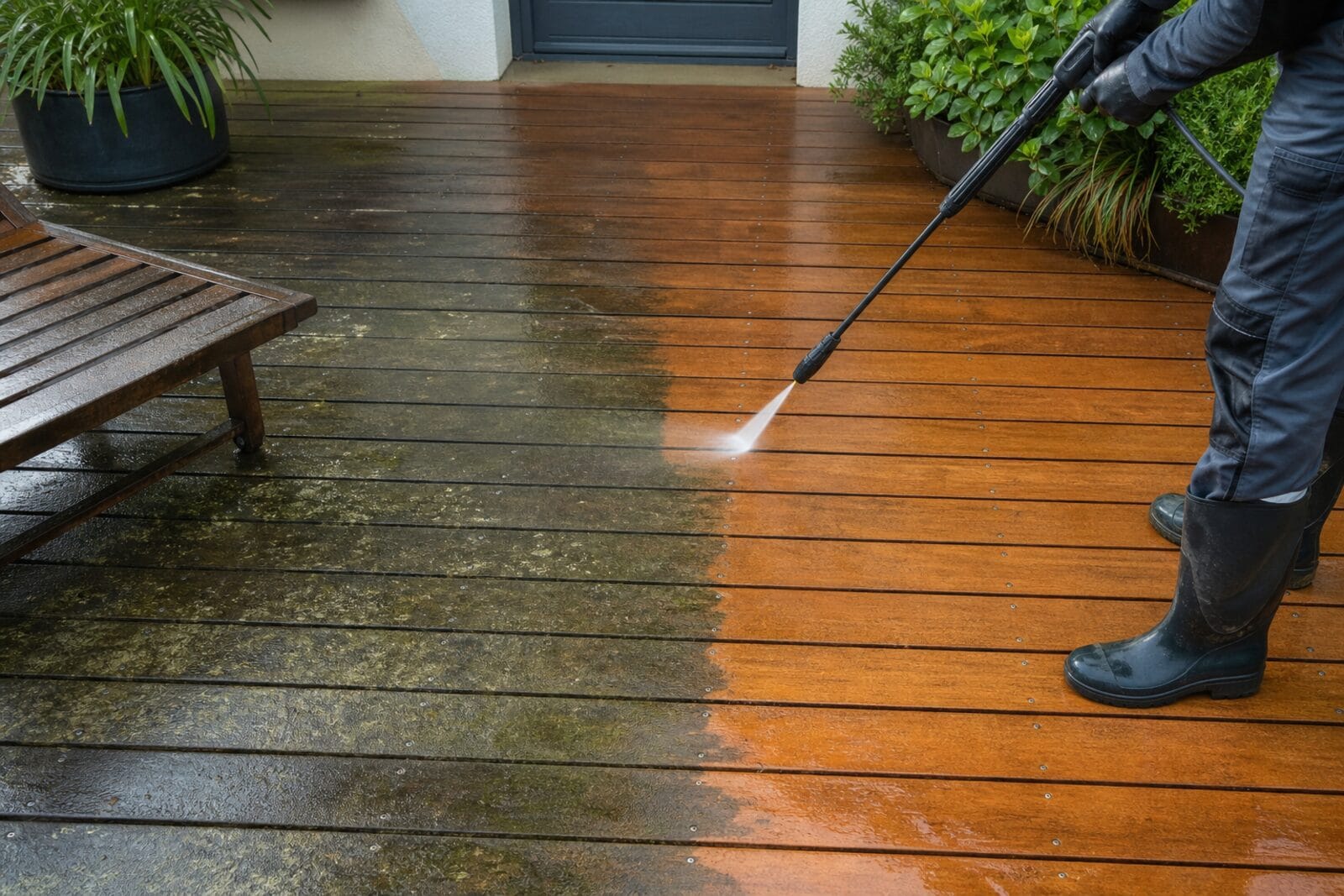 Terrasse en bois nettoyée au nettoyeur haute pression, moitié grise encore encrassée et moitié bois clair propre